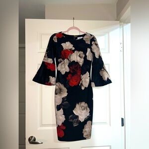 Calvin Klein Black Floral Long Sleeve Dress with Red & White Roses